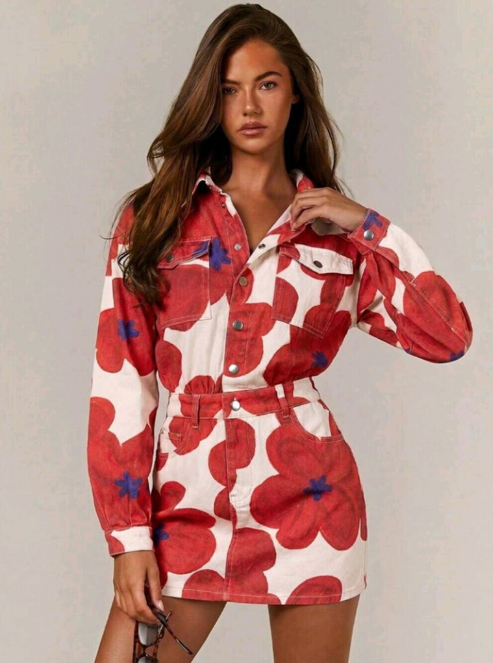 Denim Women's Casual Floral Print Denim Dress, Women's Summer Denim Dress